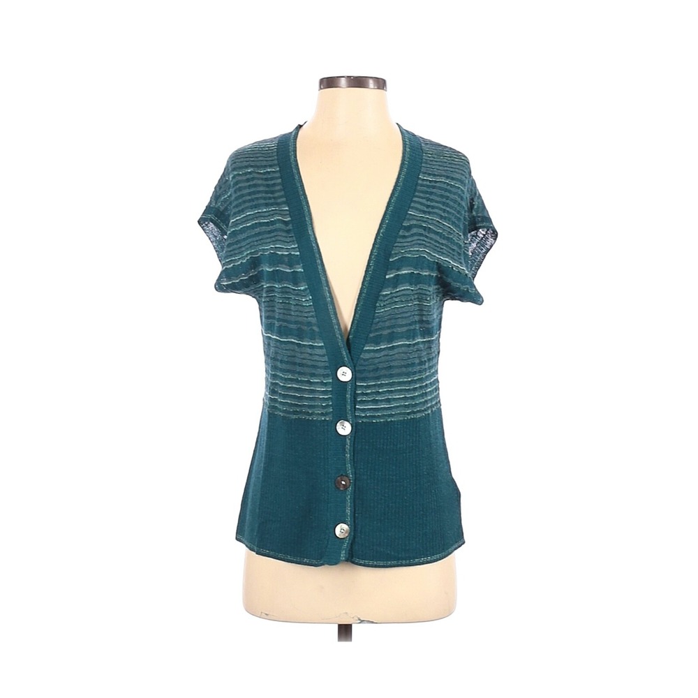 Coldwater Creek Cardigan Sweater Top Sz Small Teal Blue Lightweight Short Sleeve